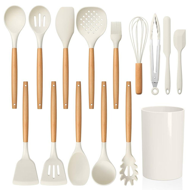 LIANYU 15 PCS Silicone Kitchen Utensils Set with Holder, Heat Resistant Silicone Cooking Utensils set for Nonstick Cookware, Non Toxic Ladle Tong Spatula Sets with Wooden Handle, White