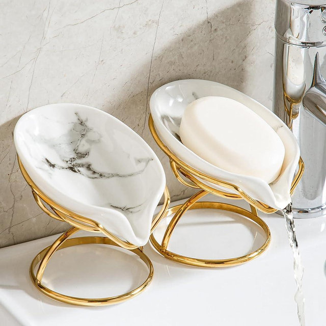 Dobbyby Leaf-Shaped Soap Dish – Ceramic Soap Bar Holder with Self-Drainage System – Bar Soap Holder for Shower, Bathroom Sink, Kitchen – Soap Dish with Stainless Steel Stand (White-Gold-2 Pack)
