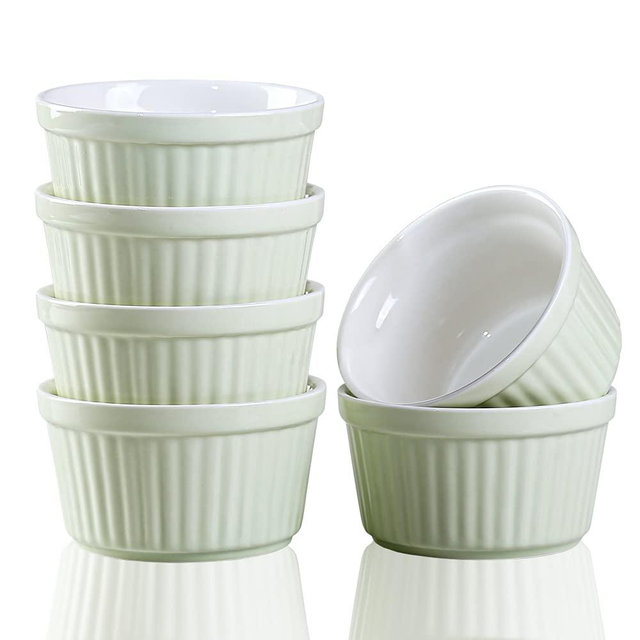 YAZYLIFE Ramekins 6oz Oven Safe,Creme Brulee Ramekins and Souffle Dishes,Porcelain Ramekin Baking Bowls,Dipping Sauce Dish.Pudding Cups,Set of 6,Green.