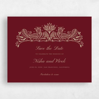 Dark Burgundy, Red Wedding Save the Date - Taneja Landscape