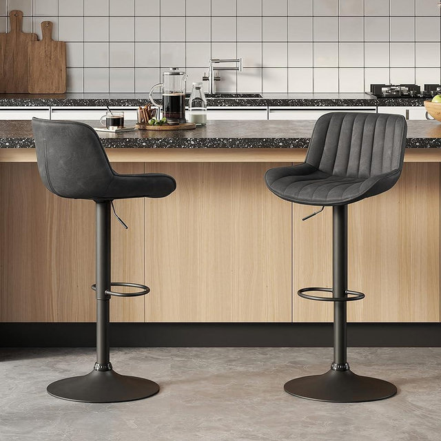 Volans Bar Stools Set of 2, Mid Century Modern Faux Leather Swivel Barstools Adjustable Height, Counter Height Pub Bar Chair with Back, Black Powder Coated Base, Black Brown