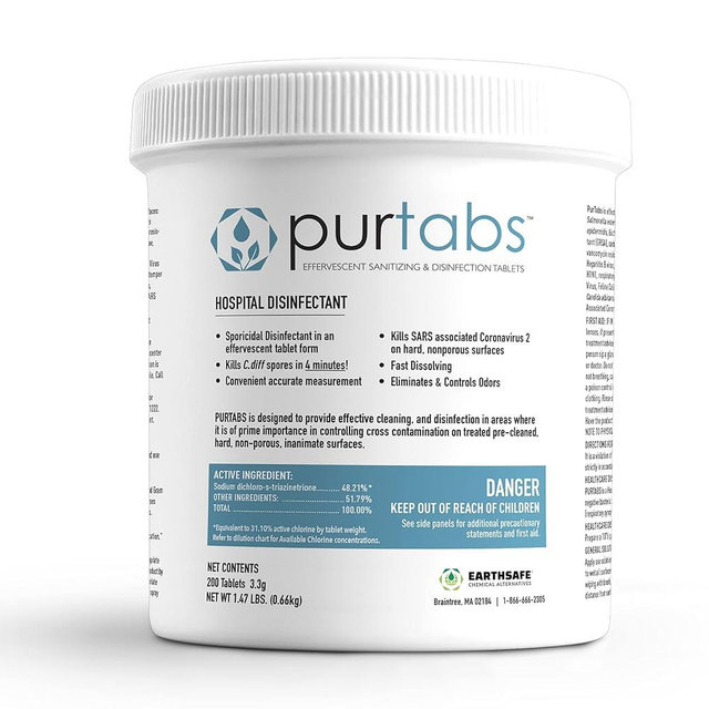 PurTabs Disinfectant Tablets, NSF D2 Certified Food Safe, Hypochlorous Acid Commercial Kitchen & Surface Sanitizer, Kills Norovirus & C. Diff Spores, EPA Registered, 200 Count