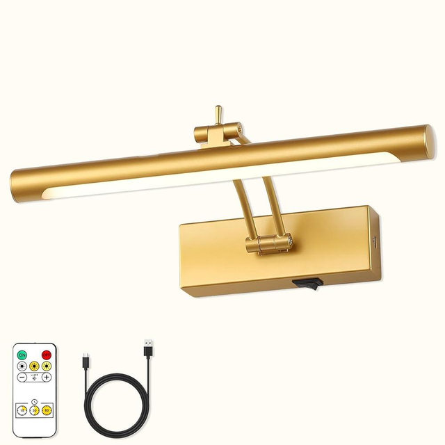 7Degobii Battery Operated Picture Light with Remote,Wireless Gallery Lights Gold 12in Rechargeable Display Light with Flexible Swing Arm,Dimmable Wall Sconce for Artwork on Wall