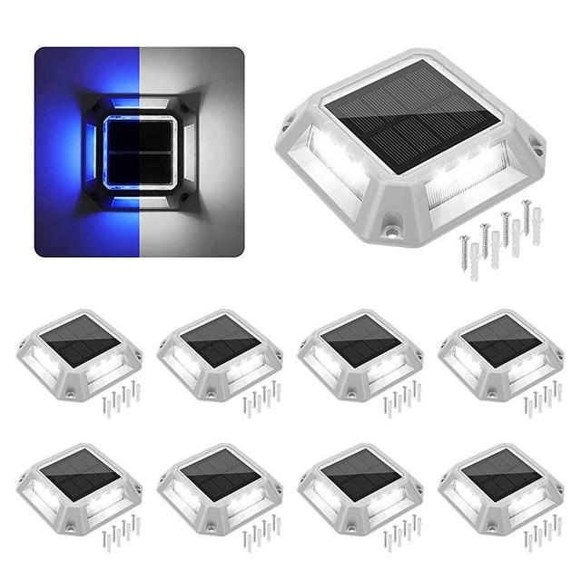 VOLISUN Solar Driveway Lights Dock Deck Lights 8-Pack,2 Colors in 1,Wireless Solar Powered 1200mAh Battery,Waterproof Outdoor Warning Step Lights for Driveway Sidewalk(2 Colors Lighting,White/Blue)