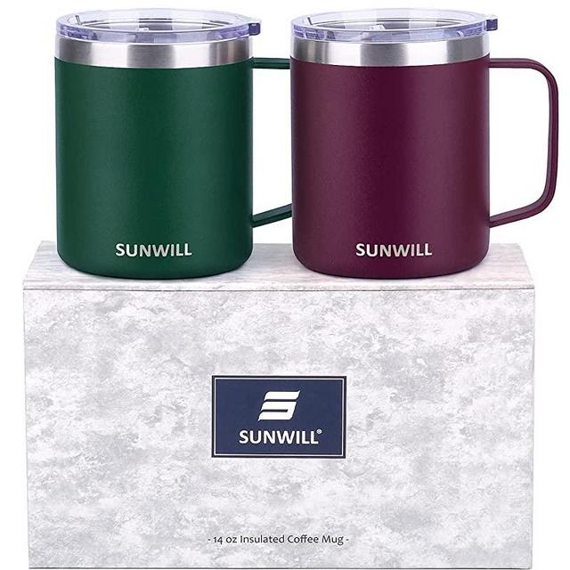 SUNWILL Coffee Mug Set with Handle and Lid 14 oz, Insulated Camping Mug 2 Pack, Double Wall Stainless Steel Travel Tumbler Cup, Reusable Coffee Cup Outdoor, Powder Coated Forest Green & Plum