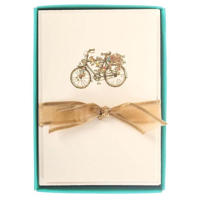 Graphique Flower Bicycle La Petite Presse Boxed Notecards, 10 Embellished Gold Foil Blank Cards with Matching Envelopes and Storage Box, 3.25" x 4.75"