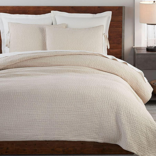 Flax Pick-Stitch Handcrafted Cotton/Linen Quilt, Twin