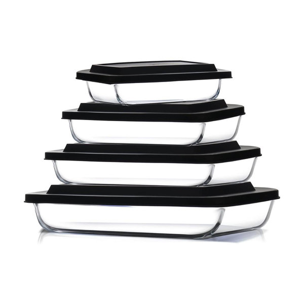 EATEX 8-Piece Deep Glass Casserole Dishes for Oven with Plastic Lids, Glass Baking Dishes for Oven, Rectangular Bakeware for Lasagna, Cooking, Leftovers, Kitchen, Freezer to Oven Dishwasher Safe