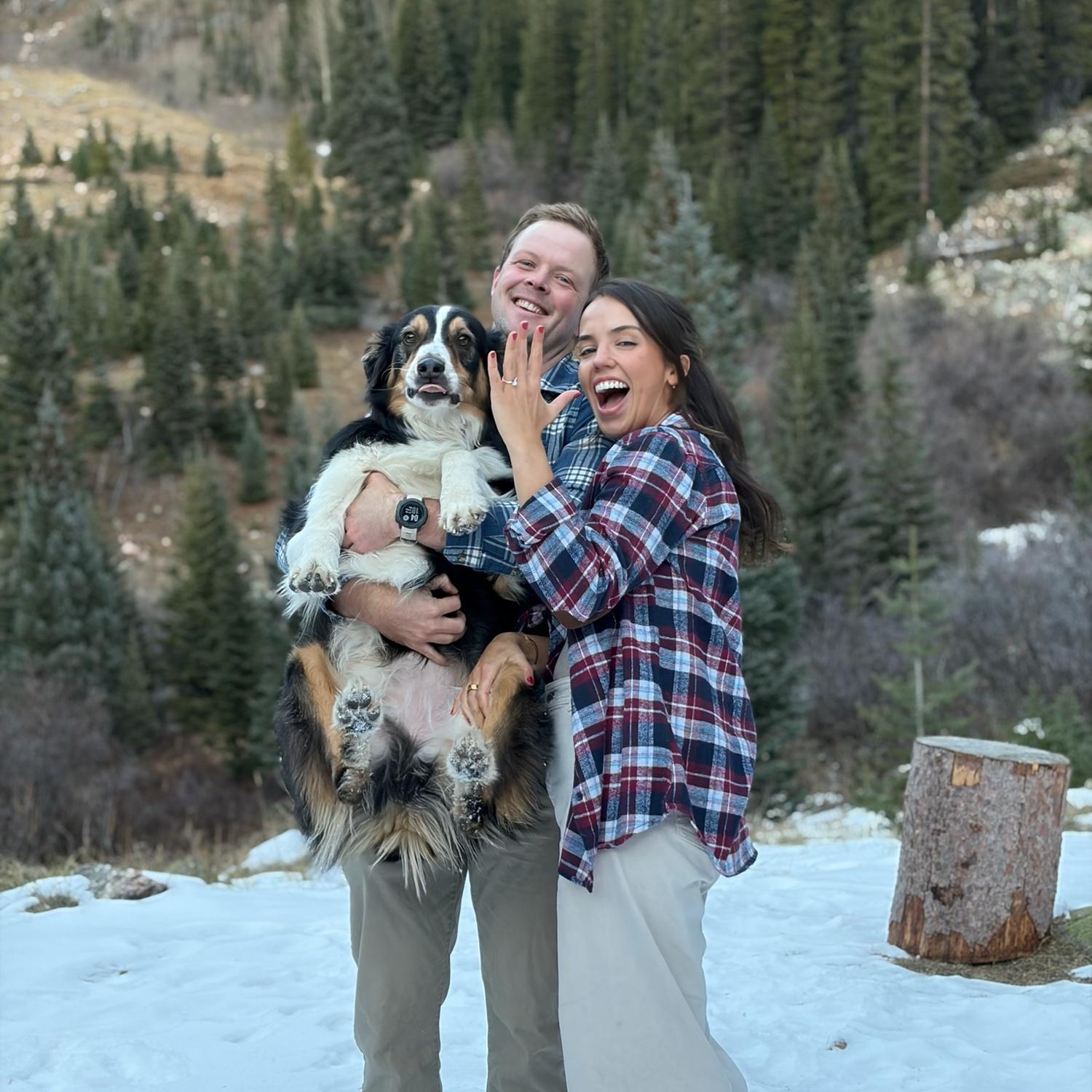 November 14, 2025, we trekked out to Winter Park to cut our Christmas tree down with our pup, Spur. We picked our perfect tree and Garrett popped the question as the tree fell down!