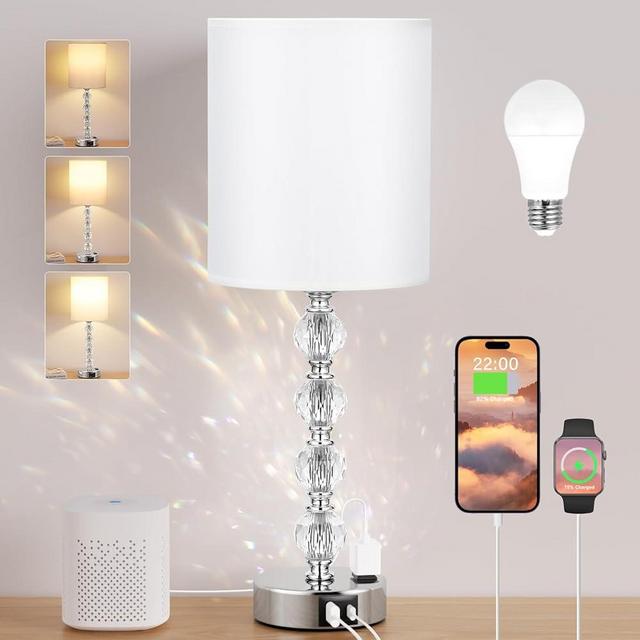 Acaxin Touch Bedside Crystal Lamps for Bedrooms Nightstand with USB C+A Charging Port and AC Outlet White, 3 Way Dimmable Silver Large End Side Table Lamp for Living/Guest/Dinning Room/Kitchen