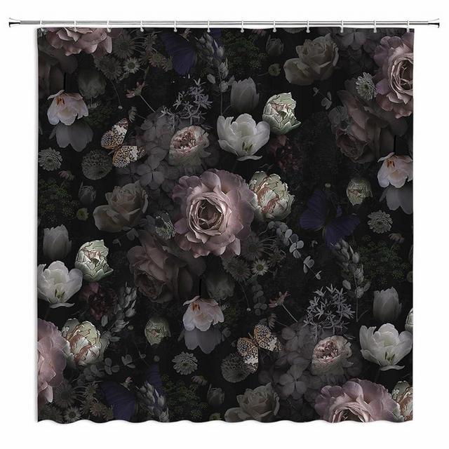 EDOMGNIH Black Floral Shower Curtain Retro Flower Bloosom Rustic Rose Watercolor Peony Vintage Leaves Spring Plant Boho Woman Fabric Bathroom Decor Set with Hooks(70" WX70 H)
