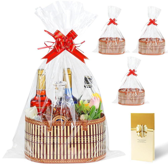 KEVTVEK 3 Set Baskets for Gifts Empty, Large Woven Bamboo Gift Basket Kit with Handles, Sturdy Empty Gift Baskets to Fill for Easter, Birthday Party Wrapping Gift -3 Cellophane Wrap Bags,3 Gift Cards