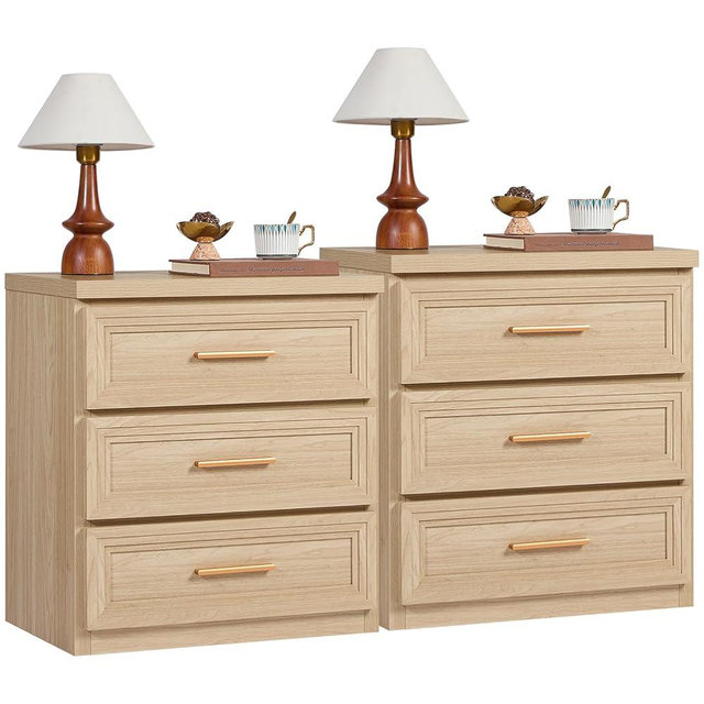 RWYHG Night Stand Set of 2 with 3 Drawer 26" Fluted Wooden Tall Nightstand Metal Handle for Bedroom Living Room Bedside Table Modern Style Furniture Natural