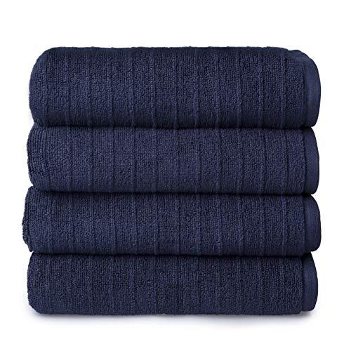 Welhome James 100% Cotton Textured Bath Towel Set of 4 (Deep Navy) - Super Absorbent - Soft & Luxurious Bathroom Towels - Quick Dry - 4 Bath Towels