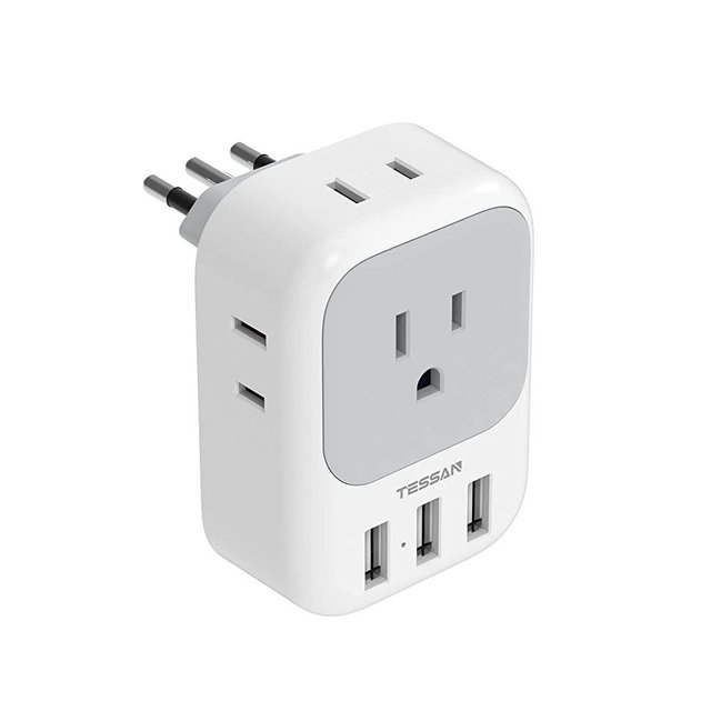 Italy Travel Plug Adapter, TESSAN US to Italian Power Adapter with 4 Outlets and 3 USB Ports, Type L Electrical Outlet Adaptor for USA to Chile Rome Uruguay