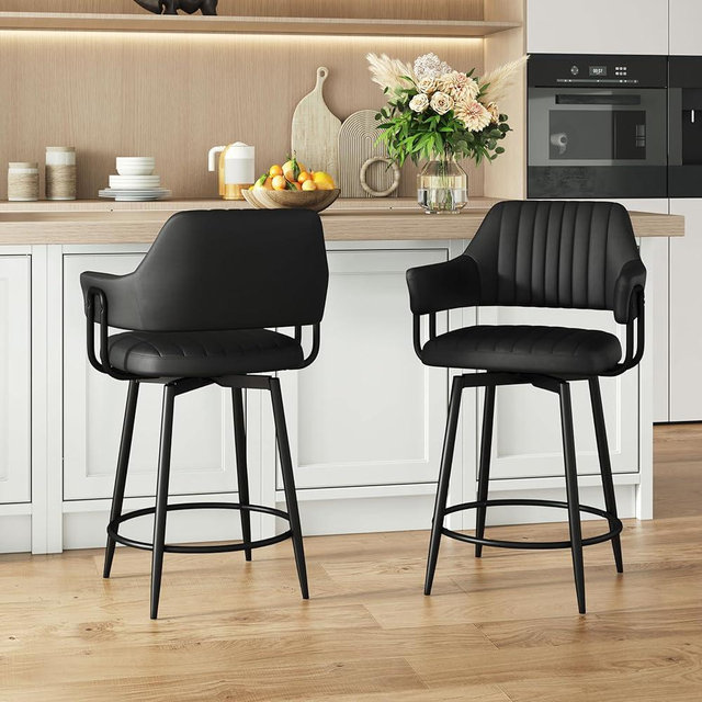 GREHOME Bar Stools Set of 2 – Modern Swivel Counter Height Bar Stools with Backrest for Kitchen Island & Dining Room (Black, 24" Counter Height Barstools)
