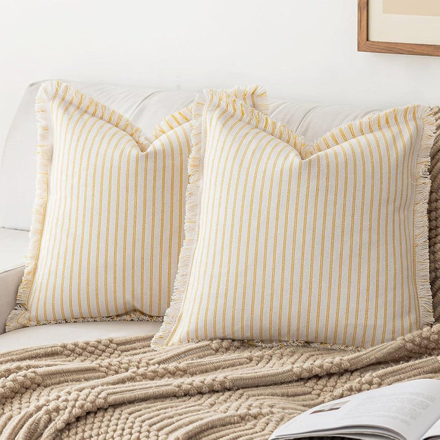 YEENAASY Throw Pillow Covers 18x18 Set of 2 Striped Fringe Pillow Cover Farmhouse Cushion Covers with Tassel Neutral Boho Pillows Decorative Square Pillowcase for Couch Sofa Bed, Yellow