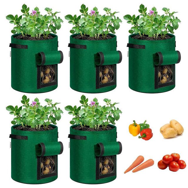 VIVOSUN 5-Pack 7 Gallon Potato Grow Bags for Growing Potatoes, Fabric Potato Pots with Handle and Roll-up Window, Potato Growing Containers Potato Planter Potato Planter for Growing Potatoes, Green