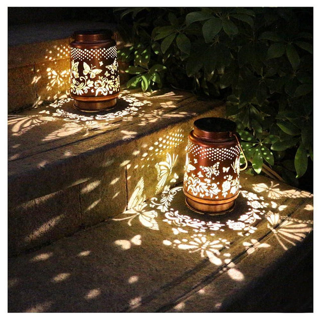 2 Pack Solar Butterfly Lanterns Outdoor Hanging Decor Lantern,Waterproof Hollow Out Retro Metal Decorative Garden Light,Graceful Decoration for Patio,Yard,Landscape,Festival