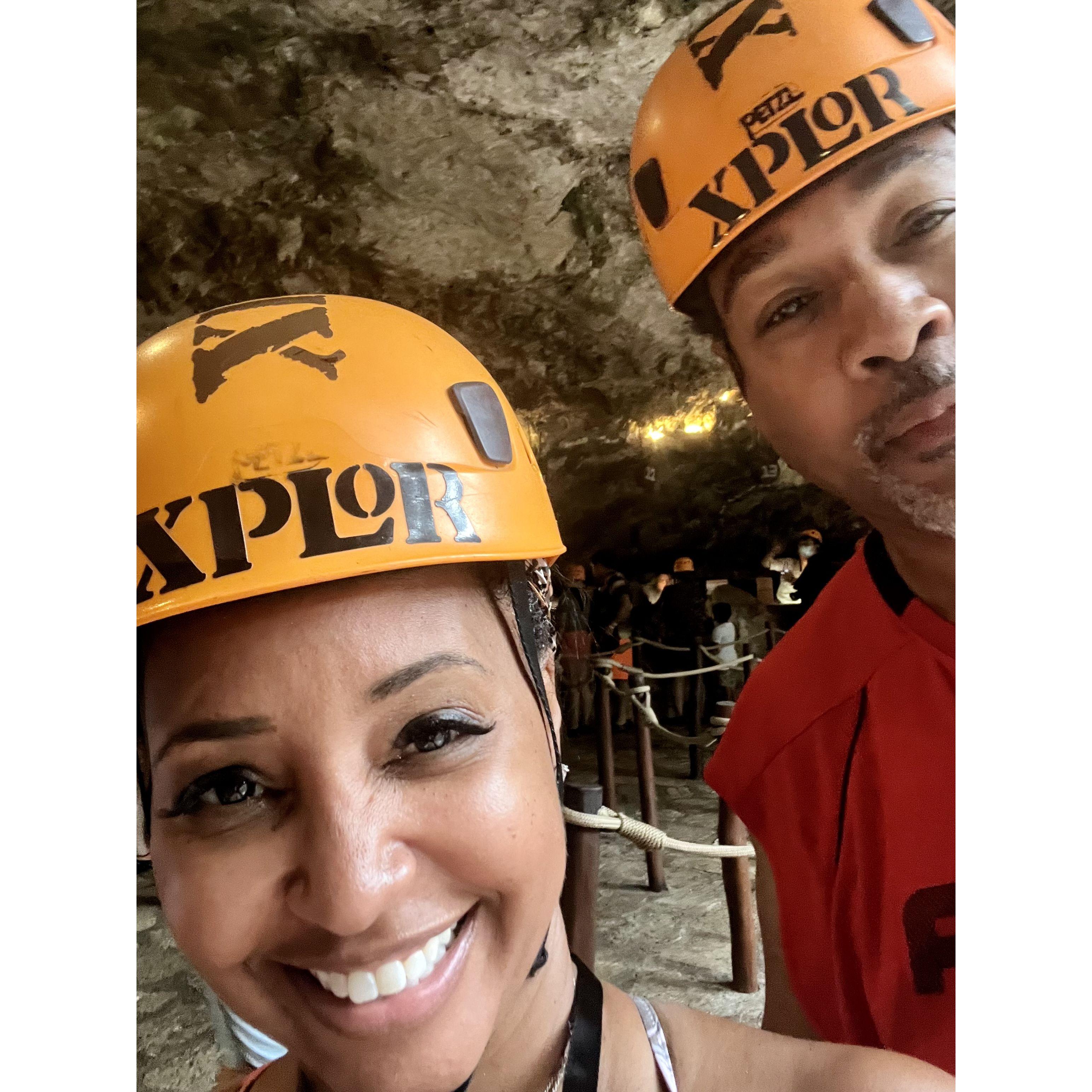 Smiling before we went down the giant slide and Tracy was screaming the entire time!
