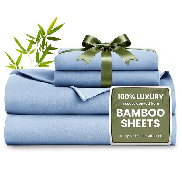 Love's cabin 4 Piece Queen Sheet Set, Cooling Sheets, 100% Rayon Derived from Bamboo, Breathable & Soft Queen Size Bed Set, Deep Pocket Up to 16", Hotel Luxury Silky Bedding Sheets, Mineral Blue