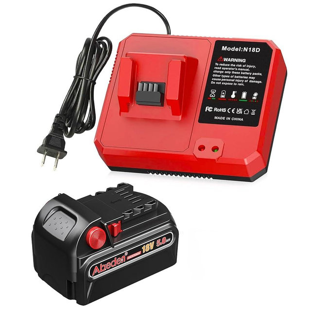 Abeden 18V Battery 5.0Ah with Charger, Replacement for Mliwaukee M18 Battery Pack, Compatible with 48-59-1802, 48-11-1802 & All 18V Cordless Power Tools