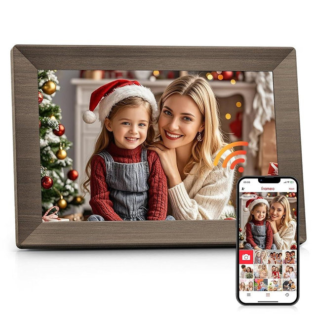 Frameo 10.1" Digital Picture Frame with 32GB Memory Wood WiFi Electronic Photo Frame 1280 x 800 IPS Touch Screen Auto-Rotate Slideshow Wall Mountable Share Photos/Video Remotely Anywhere