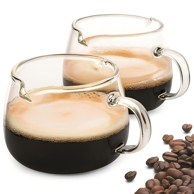 MITOJOSYEER Espresso Cups for 4 Oz, Glass Coffee Cups V-Shaped Double Spouts with Handle for Cappuccino, Tea, Milk and Latte Set of 2, Small