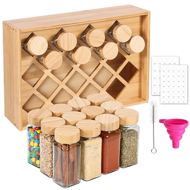 Bamboo Spice Rack Organizer with 20 Pack Empty Glass Spice Jars 