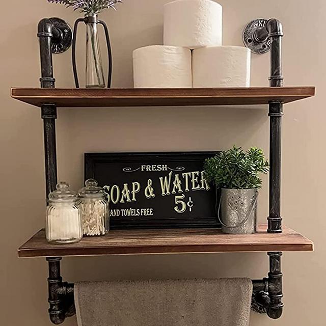 Industrial Pipe Shelf Rustic Wall Shelves with Towel Bar 24" Towel Racks for Bathroom 2-Layer Wood Hanging Shelving