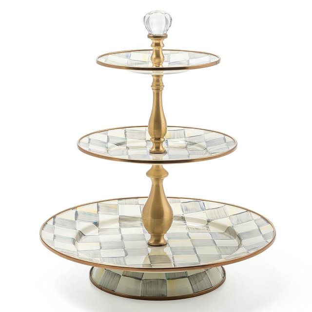 MACKENZIE-CHILDS Three-Tier Sweet Stand, Three-Tiered Serving Tray for Dessert and Sweets, Gray-and-White Sterling Check