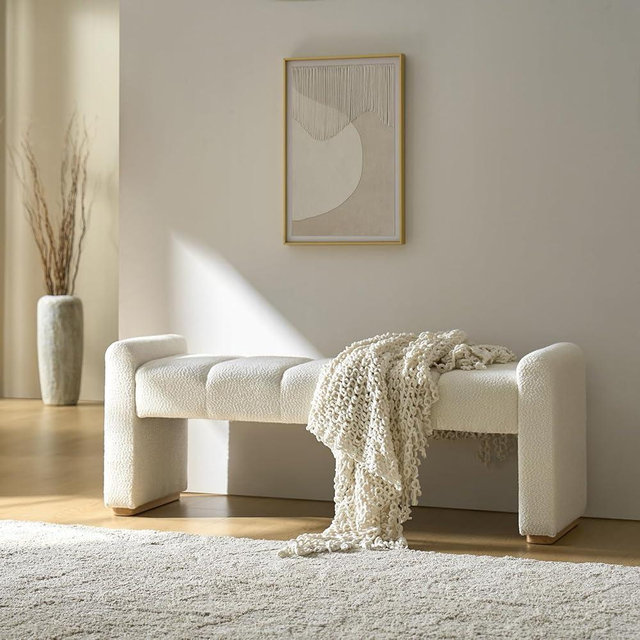 HULALA HOME 55" End of Bed Bench, Modern Fabric Upholstered Entryway Footrest Stool Accent Chair with Solid Wood Frame for Bedroom Living Room, White