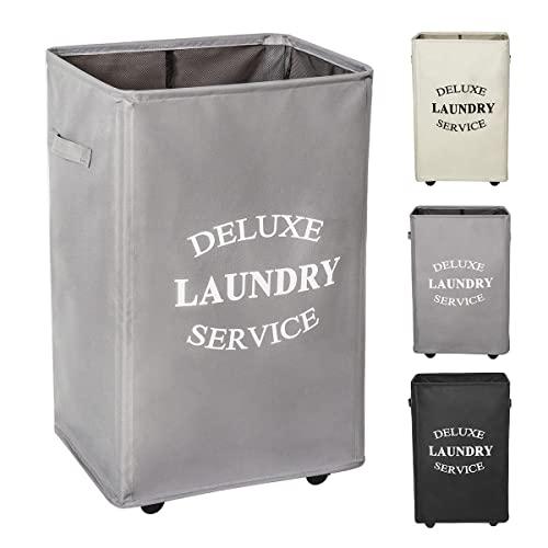 WOWLIVE 90L Large Rolling Laundry Hamper with Wheels Collapsible Laundry Basket on Wheels Durable Laundry Bag on Wheels Foldable Rectangular Hampers for Laundry (Grey)