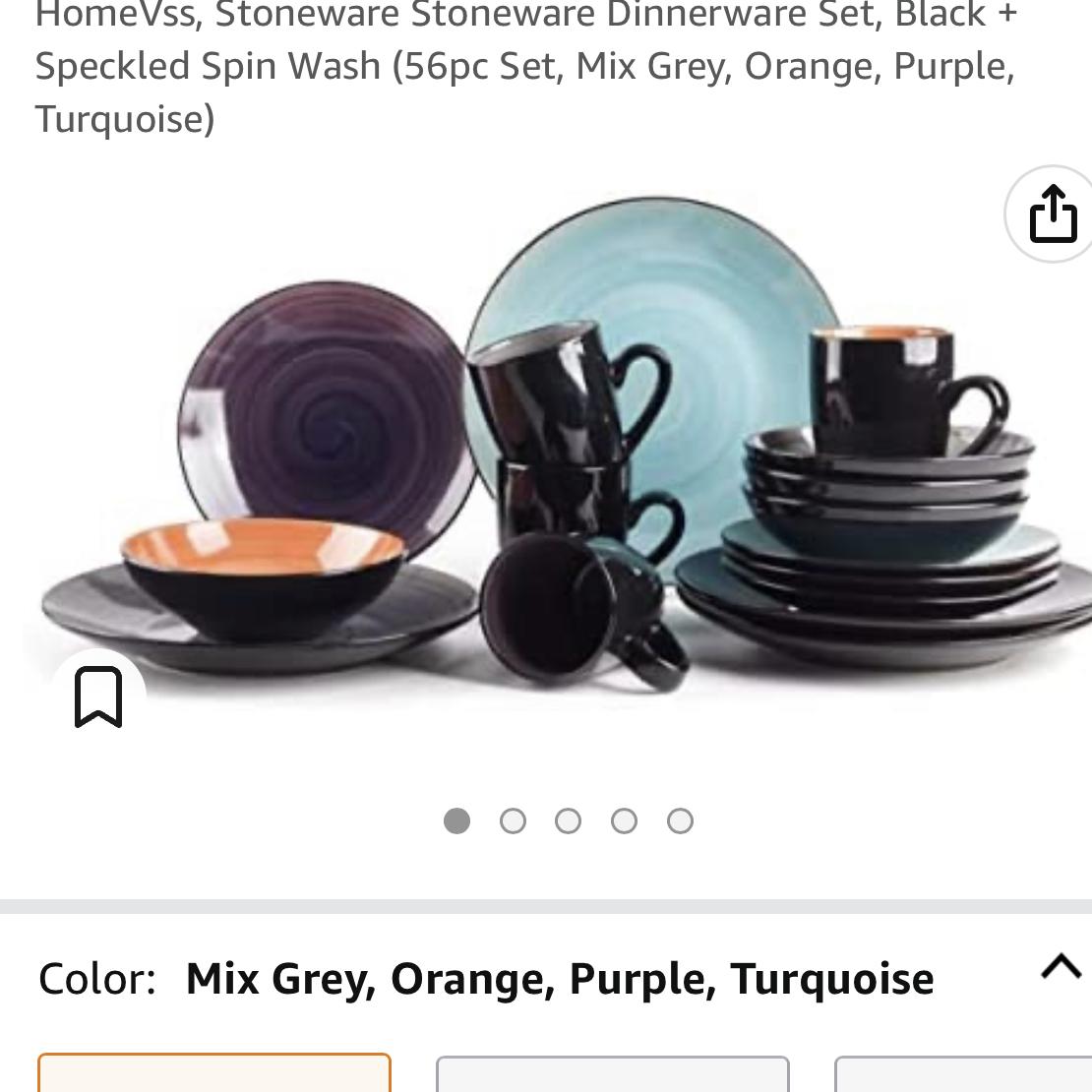 HomeVss, Stoneware Stoneware Dinnerware Set, Black + Speckled Spin Wash (56pc Set, Mix Grey, Orange, Purple, Turquoise)