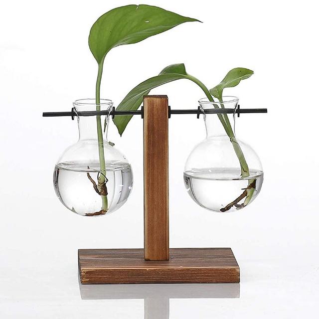 Kingbuy Hydroponic Glass Vase Vintage Desktop Plant Terrarium Planter Bulb Vase Water Planting Propagation Vase Libra planters Hydroponics Plants with Retro Wooden Stand Home Garden.