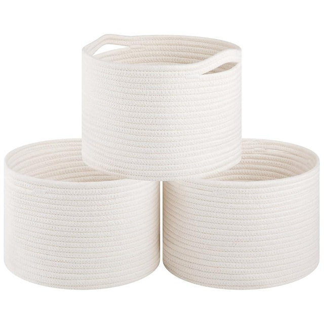 OIAHOMY Shelf Storage Baskets for Organizing, Closet Organizer Bins, 9.8”×9.8”×7.1”, Cute Small Dog Toy Storage, Woven Rope Baskets for Nursery, Round 3 Packs White