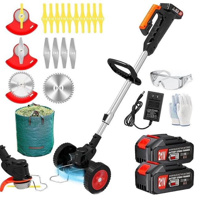 Electric Weed Wacker Eater Cordless Battery Powered, 21V Lightweight No-String Weed Trimmer with 2 Battery Operated & Wheels, 3 in 1 Stringless Grass Trimmer/Edger/Brush Cutter for Garden Yard Lawn