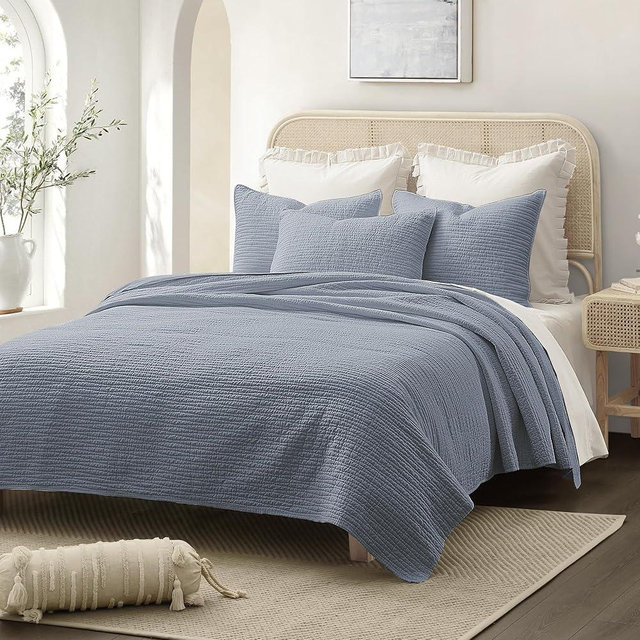 Wonderful Blue Quilt King Size, Cotton Linen Quilt Set Cotton Filling, 3 Piece Pre-Washed Flaxen Striped Bedspread Coverlet, Wave Stitched Linen Blend Flax Colth Quilted Bedding Set for All Season
