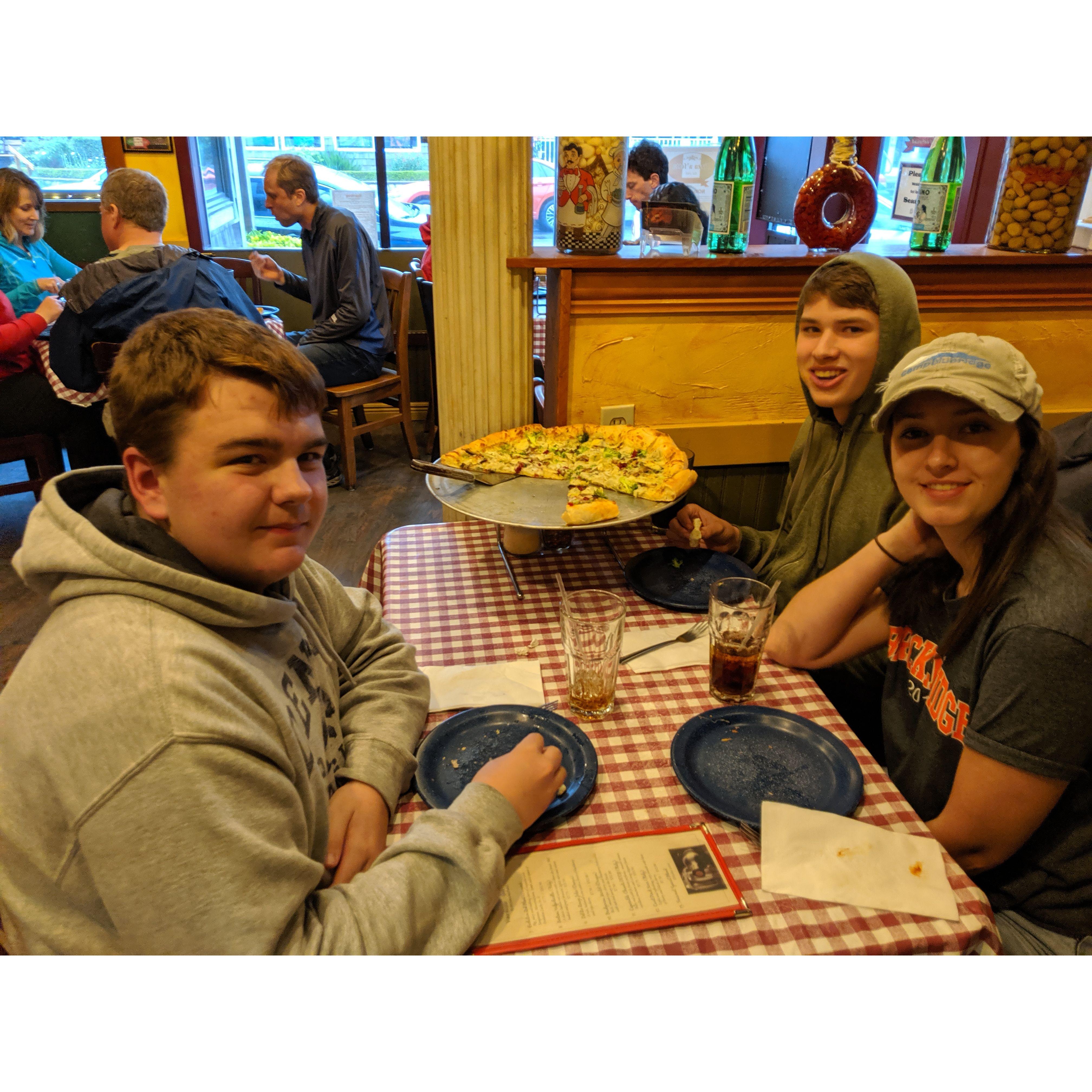 Eating pizza at Seaside, OR