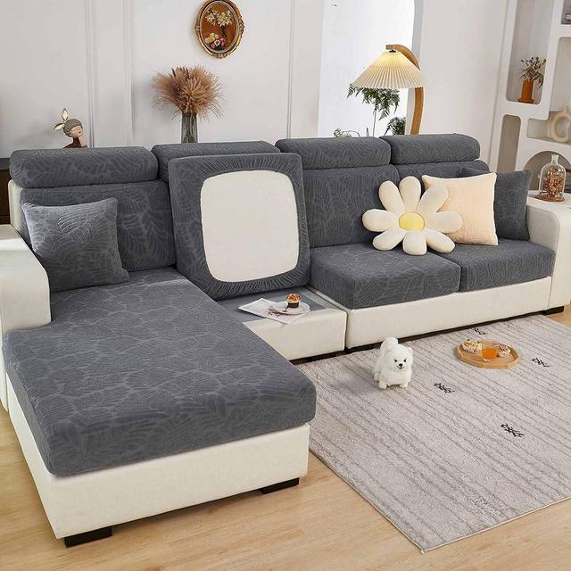 2023 New Wear-Resistant Universal Sofa Cover, Stretch Couch Cushion Slipcovers Replacement, Anti-Slip L Shape Sofa Covers, Chaise Lounge Sofa Slipcover (Leaves Grey,Chaise Cover)