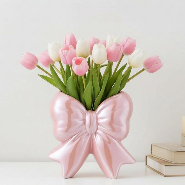 Jingmore Iridescent Pink Bow Vase Coquette Ceramic Vase Pen Holder Makeup Brush Holder Contemporary Design Women Decorative Gift for Wedding Home Office Shelf Table Room(Small, Classic)