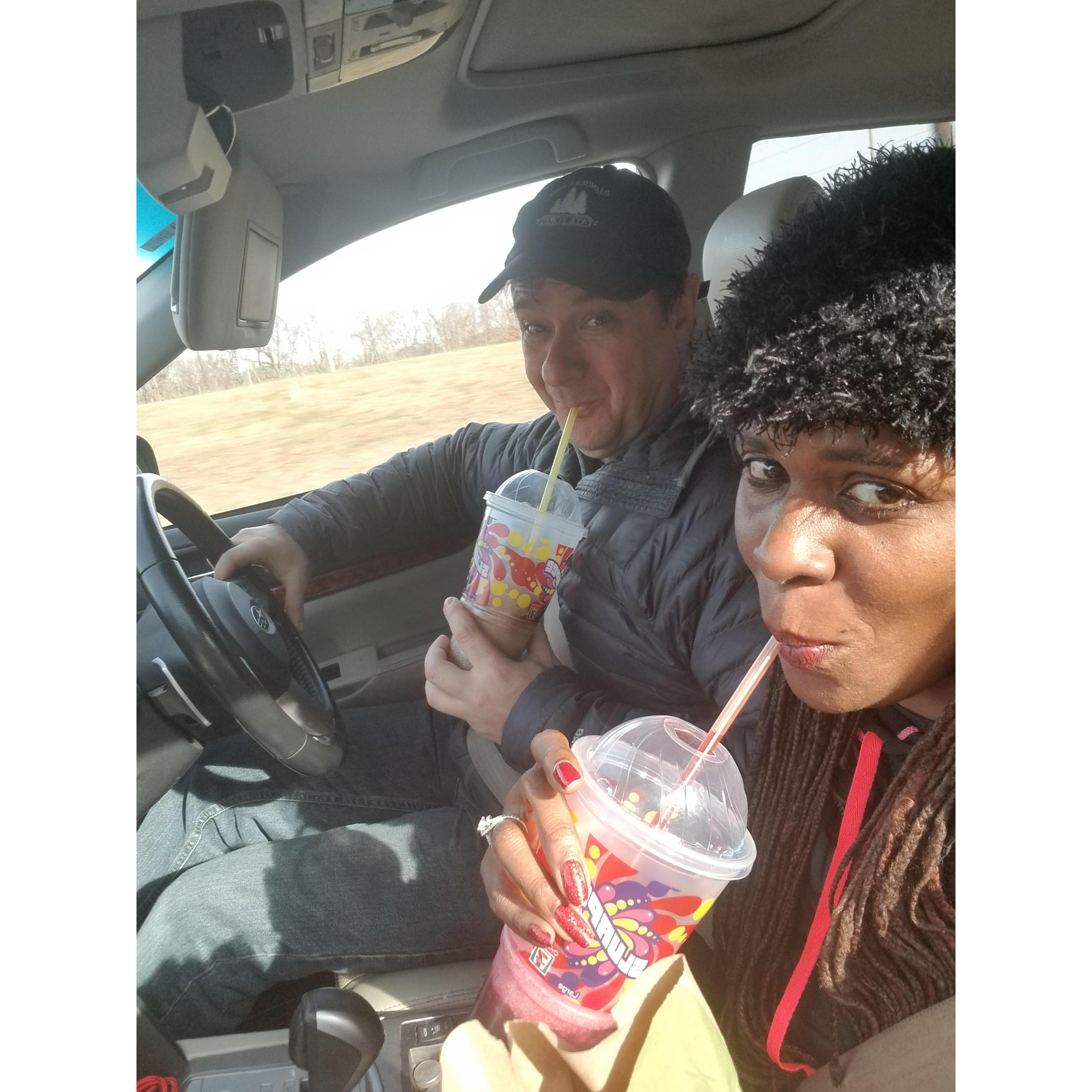 Enjoying a slurpee on a nature drive