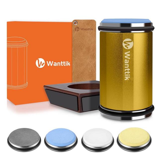 WANTTIK Rolling Knife Sharpener Kit, Upgraded Roller Knife Sharpener with Leather Strop for Kitchen Knives, 4-Disc Rolling Stone Sharpener with 15&18&20&22 Degree Sharpening, Gold