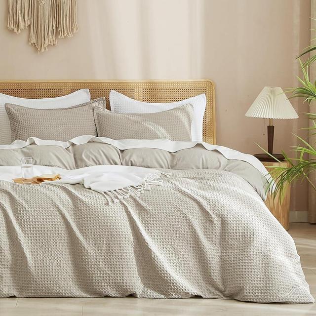 PHF Waffle Weave Duvet Cover Set Queen Size, 3 Piece Ultra Soft Breathable Durable Comforter Cover for All Season, Waffle Textured Duvet Cover with 2 Pillow Shams Bedding Collection, 90"x90", Linen