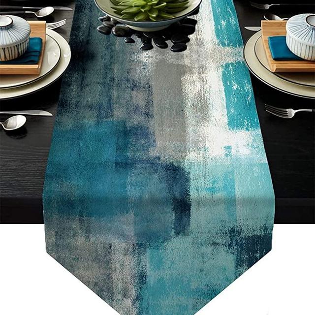 Turquoise and Grey Table Runner,Teal Abstract Modern Art Burlap Table Runners for Table Dresser Runner Farmhouse Style for Dinner Party Holidays Home Decoration (Turquoise Grey, 13"x 91")