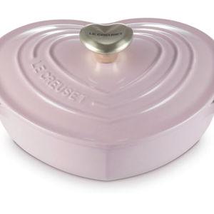 Le Creuset Enameled Cast Iron Traditional Shallow Heart Cocotte, 1.25 Qt, Chiffon Pink Light Gold Heart