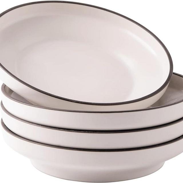 LERATIO 38 OZ Pasta Bowls, 9.2" Large Pasta Bowls with lipped edge,Salad Serving Bowls Set of 4 for Kitchen -Microwave, Oven, Dishwasher Safe,Wide Bowls for Pasta,Salad,Fruit,Oatmeal-Black Rim