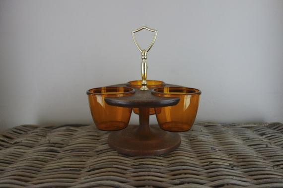 Vintage Snack Set, West Bend Thermo-Serv Faux Wood Rotating Lazy Susan-Type Stand w/Gold Tone Handle, 3 Removable Orange Gold Plastic Cups