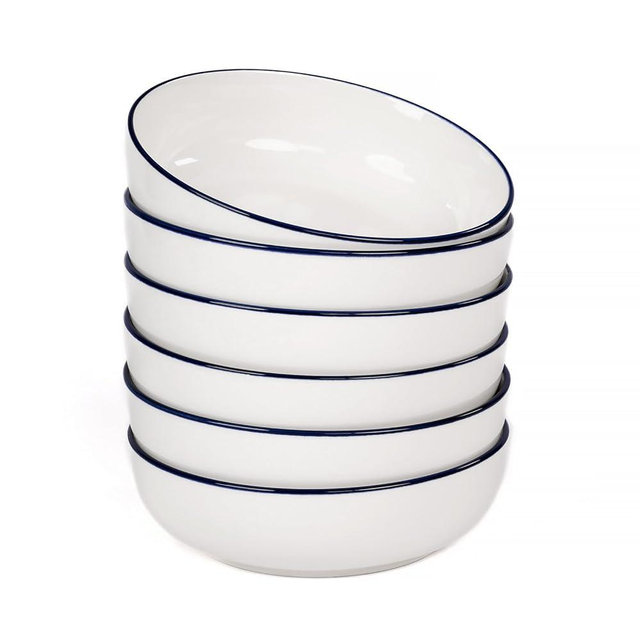 OTAGO 8" Stoneware Salad and Pasta Bowls Set of 6, Porcelain Ceramic Bowls with Blue Rim, Microwave & Dishwasher Safe Tableware for Kitchen, Dinner & Dining