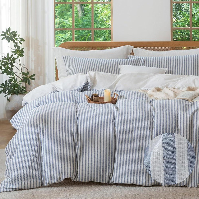 MILDLY Blue Striped Duvet Cover - 100% Washed Cotton Jacquard Textured Comforter Cover with Dual Zipper Closure & 8 Coner Ties